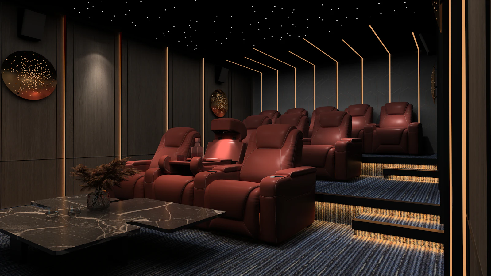 Private cinema room with recliner seats and star ceiling